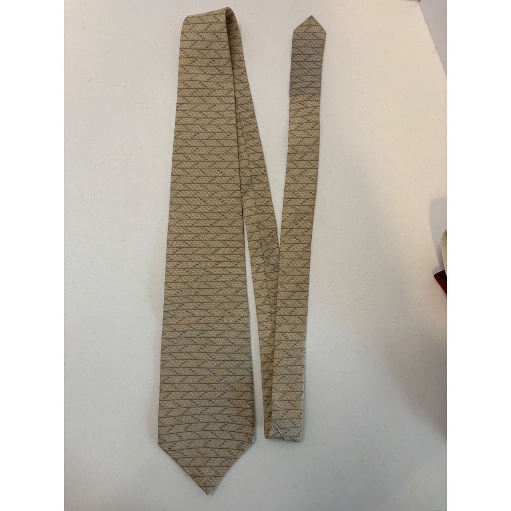 Vintage Claiborne Mens Silk Tie Tan Beige Blue Geometric Striped Made in USA
